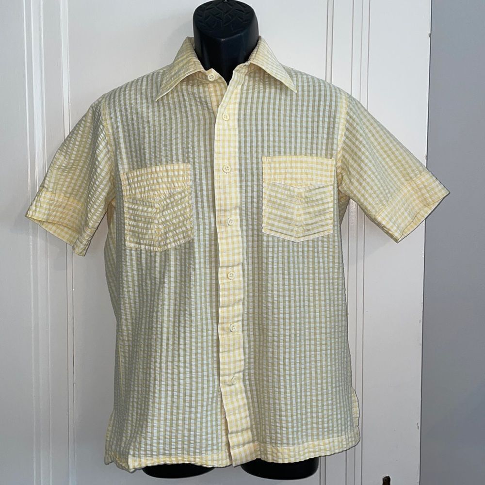 Vtg 80s Damon yellow/white cotton/polyester madras cloth short sleeve shirt